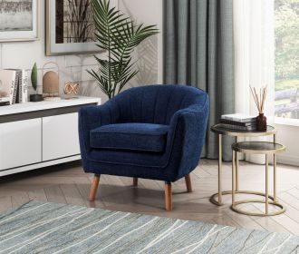 Mid-Century Modern Accent Chair 1pc Blue Chenille Fabric Upholstered Channel Stitched Back Brown Legs Solid Wood Furniture