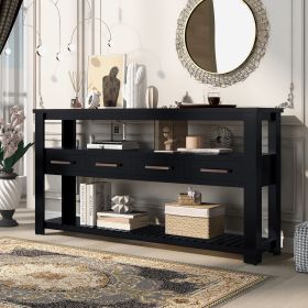 62.2'' Modern Console Table Sofa Table for Living Room with 4 Drawers and 2 Shelves (Color: Black, Material: Solid Wood+MDF)